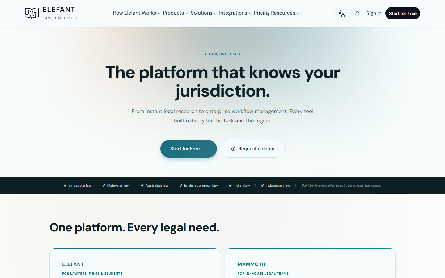 Elefant’s public site: AI legal research across six jurisdictions, with products for search, drafting, and workflow.