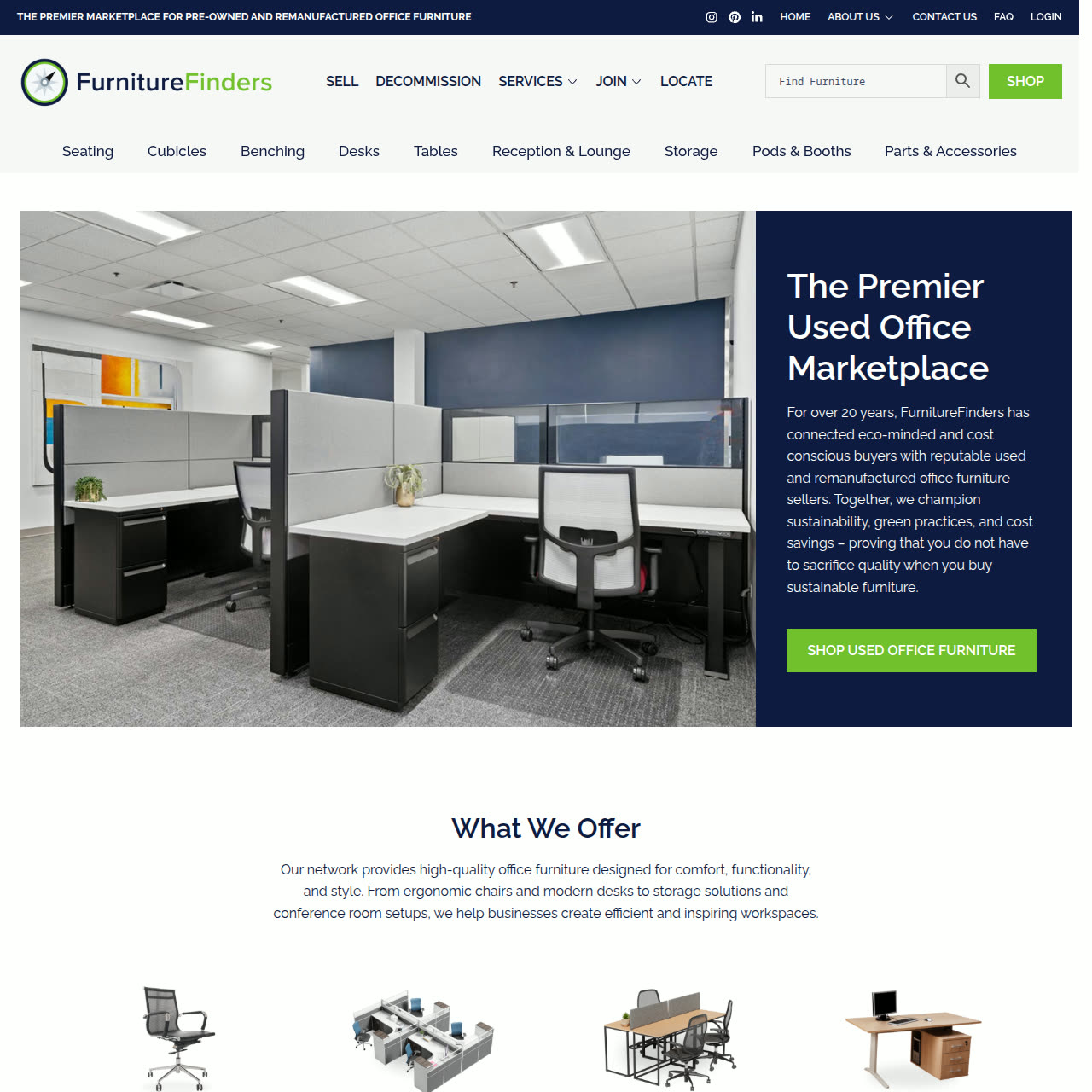 Furniture Finders’ public marketplace: used and remanufactured office furniture, with sell and decommission flows.